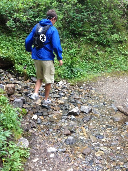 Hammer rock hopping across some running water across the trail