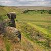 The Balanced Rock that gives the trail the name, looking out over the riparian meadow.