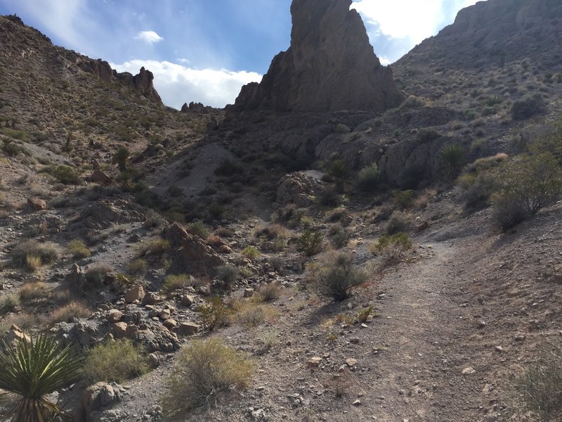 The trail climbing through the crags and gaps.