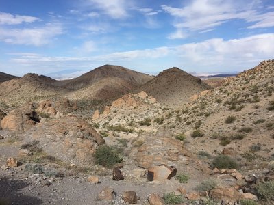 Looking north back down the 300 Trail that you just climbed--The Strip can be seen on the left and west. Henderson/ Anthem-Inspirada areas can be seen on the right.