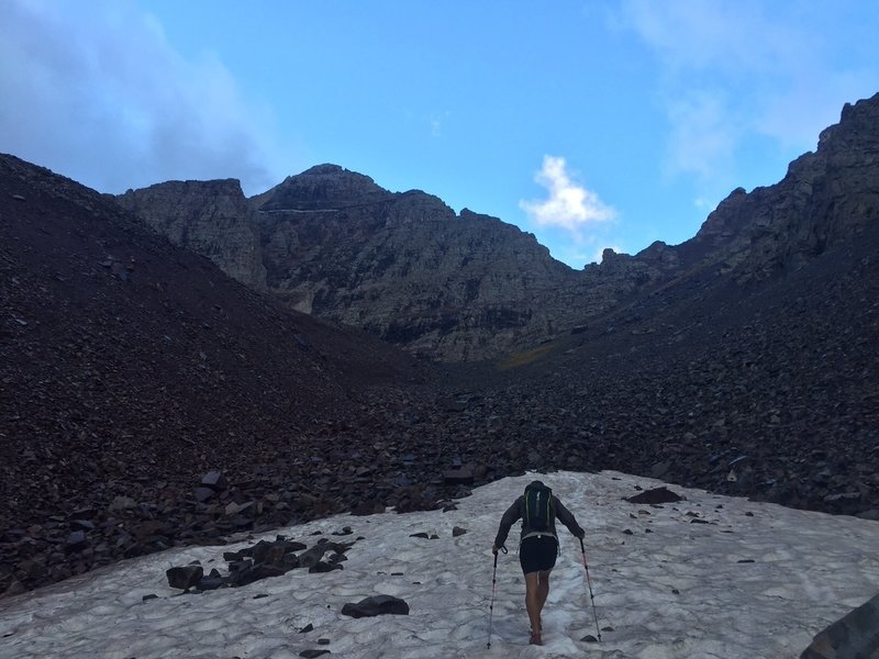 Finding the path of least resistance through the massive talus field below Pyramid's north face.