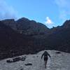 Finding the path of least resistance through the massive talus field below Pyramid's north face.