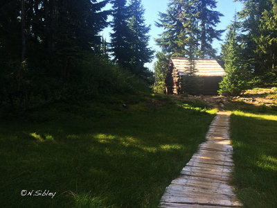 A scenic cabin as seen from the Wonderland Trail, heading toward the South Payallup trail.