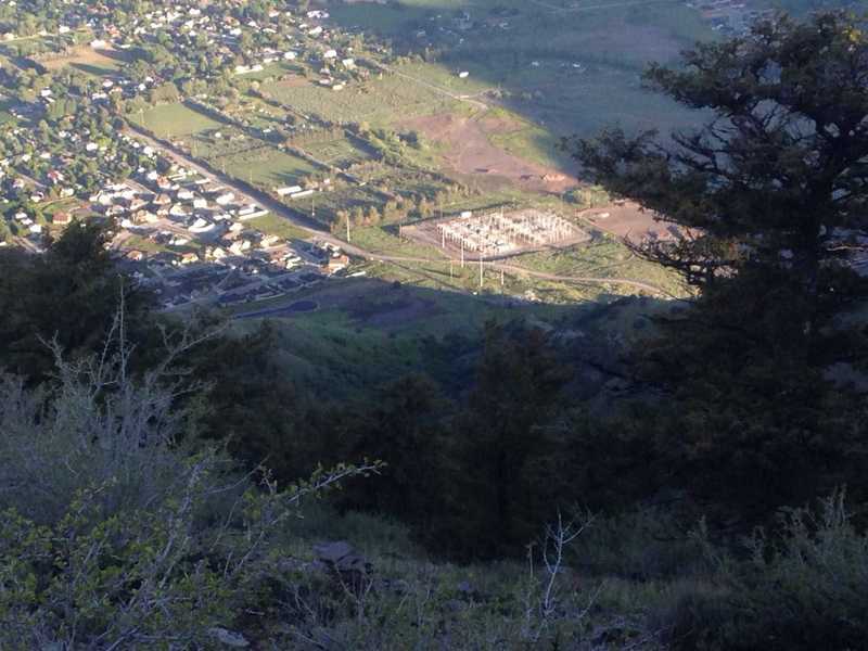 A view down from the top of the Saddleback Mountain Trail, with the shiny dot next to the large power lines being my car in the parking lot for this trail. It's a short distance to gain so much elevation!