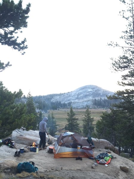 We set up camp on an empty spot overlooking the beautiful meadows at Sunrise High Sierra Camp. A few fire rings are available for use here! Also close to water and bathrooms.