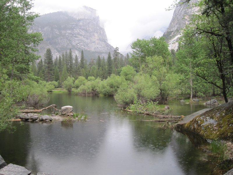 A beautiful rainy day at Mirror Lake, as seen from the Mirror Lake Access Road.