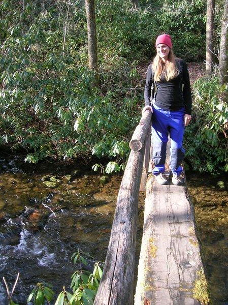 Log bridge crossing over Caldwell Creek on the way to Boogerman Trail.