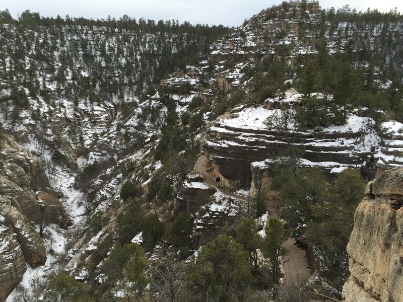 Look carefully and you can see the trail and one cliff dwelling. Look very carefully and you can see dozens of dwellings.