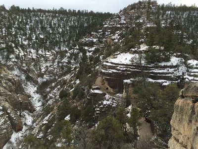 Look carefully and you can see the trail and one cliff dwelling. Look very carefully and you can see dozens of dwellings.