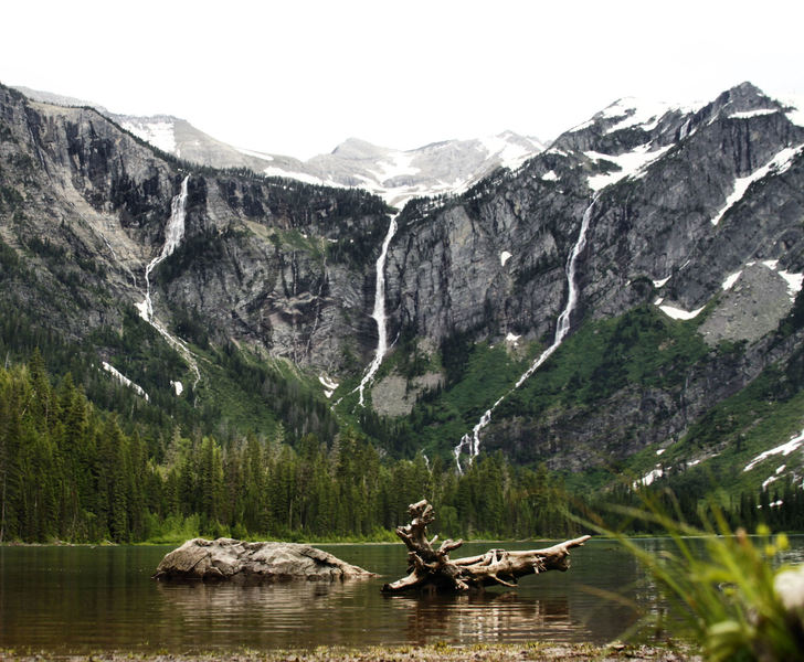 Avalanche lake and surrounding falls.
