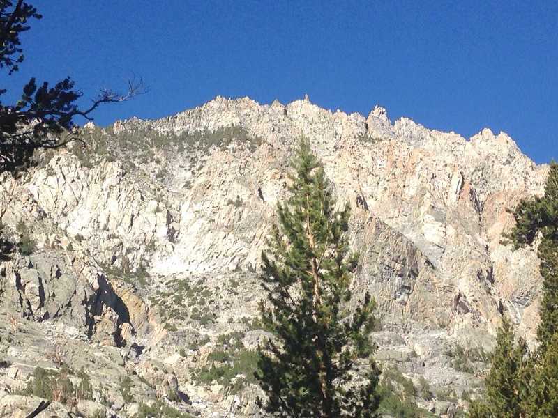 A view of some spectacular granite in Piute Canyon, with a really cool rock thumb sticking up in the top middle part of the ridge.