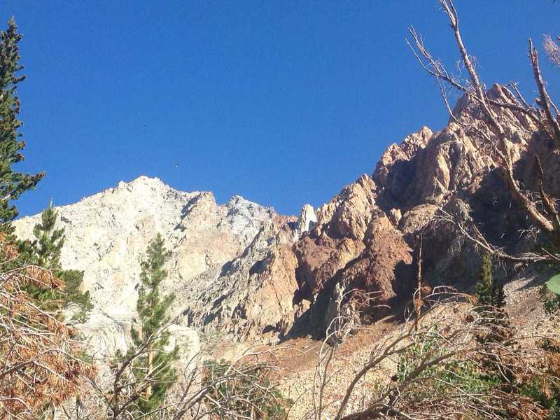 A view of the western part of the Piute Crags, focused on the intriguing white spire in the middle of them.