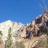 A view of the western part of the Piute Crags, focused on the intriguing white spire in the middle of them.