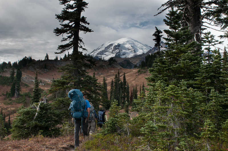 heading toward Mt Rainier approaching the high point of the hike from Box Canyon to Indian Bar on the Wonderland Trail.