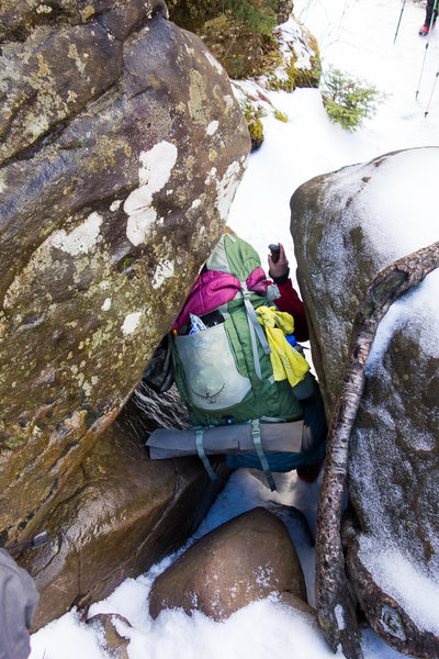 Heading down Twin Mtn. to Pecoy Notch, and it's easy to get stuck!