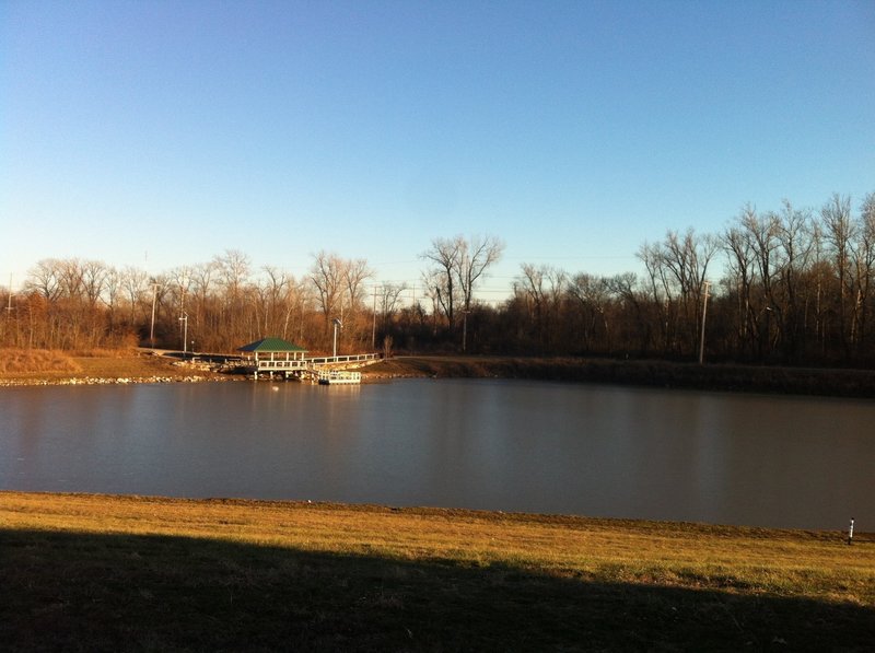 A view of the lake and the fishing dock/gazebo.