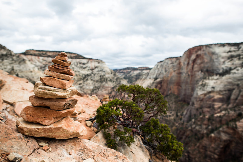 Angel's Landing is notorious for its cairn stacks, but try to minimize the impact and not set those up, it really takes away from the natural untouched wild feeling. Cairns are meant to designate a trial, not to be a temporary mark that you were there.