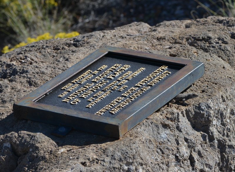 A lizard peeks out from under a sign next to the access walkway leading from the parking lot to the Newspaper Rock overlook.