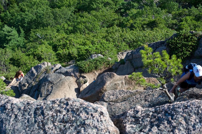 A look back down the "trail" that I just went up.  Notice the metal hand holds built into the side of the mountain.