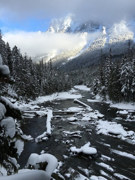 Winter view of Mount Brown above Upper McDonald Creek.