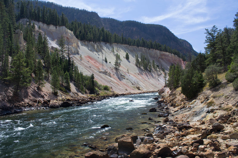 Looking up the Yellowstone River from Seven Mile Hole. The black stains on the right side of the canyon are from small hot springs seeping into the river.