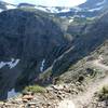 Steep switchbacks from Swiftcurrent Pass.