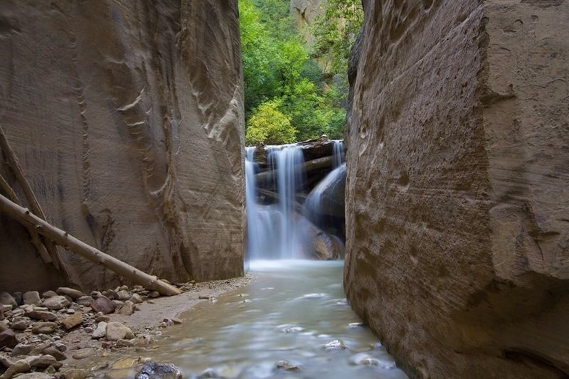 Waterfall from the top down approach of The Narrows, Zion National Park.