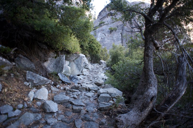 Stone steps climb up the gully beside the Yosemite Falls. Switchbacks, stone steps, and general elevation gain can make this trail challenging.