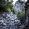 Stone steps climb up the gully beside the Yosemite Falls. Switchbacks, stone steps, and general elevation gain can make this trail challenging.