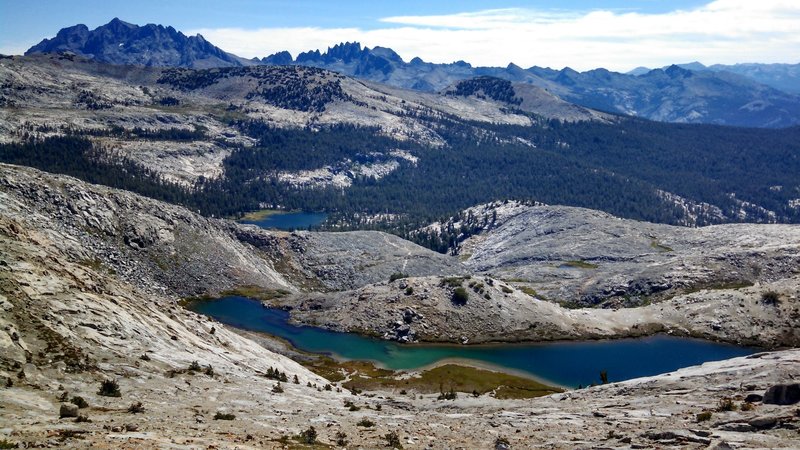 Spectacular High Sierra alpine view east of Ward Lake, Sadler Lake, the Ritter Range Minarets and Mammoth Mountain just over the ridge.