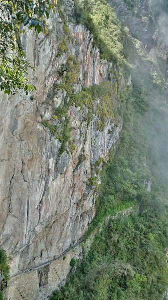 The Inca Bridge, at the lower left of the photo.  It's actually planks over a collapsed section of the a pathway along a sheer wall.  You can't get all the way down to it (too dangerous), but it illustrates the ingenuity of the people who built these trails.