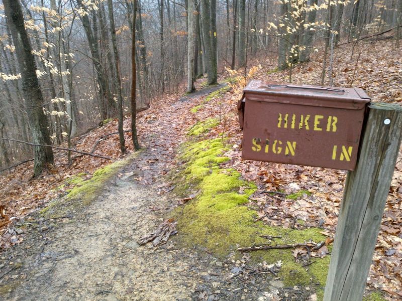 Hiker sign-in box, about a mile south of Jersey Bridge parking area, on the east side of Oil Creek in the park.