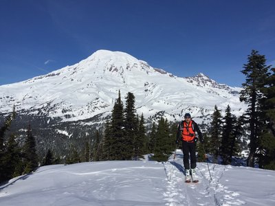 The great Mt. Rainier rises in the background.