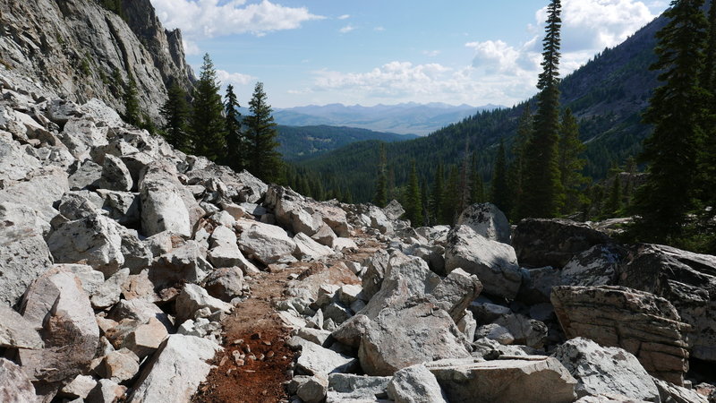 The talus slope below Alice Lake as seen from the Pettit Creek Trail, looking at the White Cloud Wilderness.