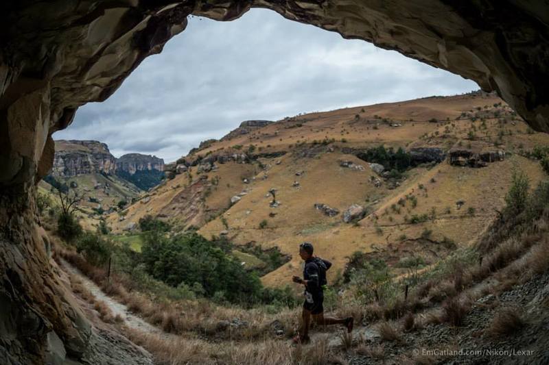 Running past one of the many caves in the area.