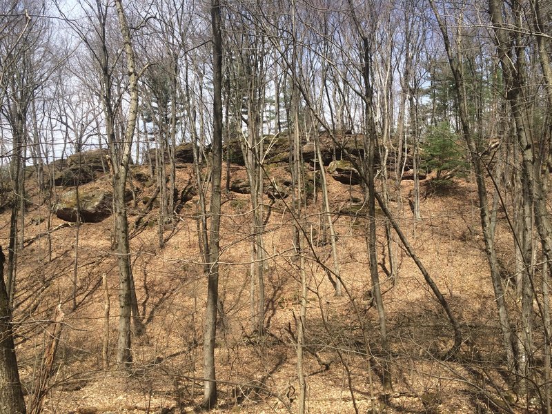 View of rock formations from Horseshoe Trail. The blue blaze trail pass is on the other side of these.