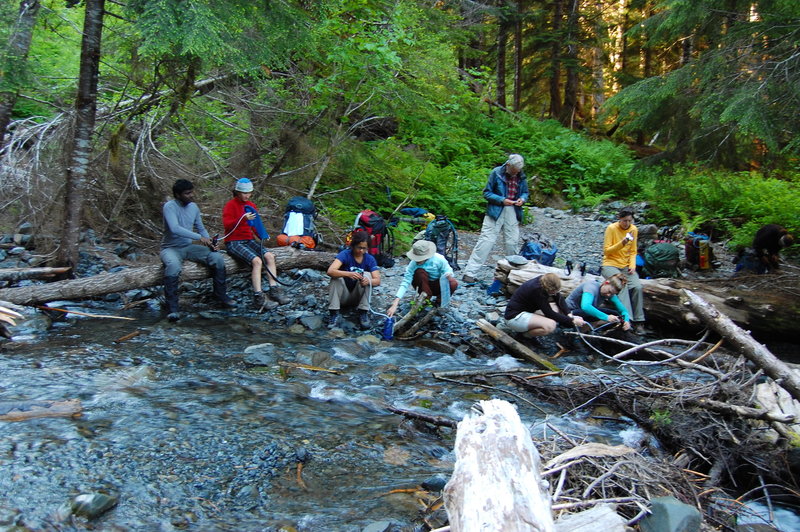 The group, re-fueling on Hoh River Trail.