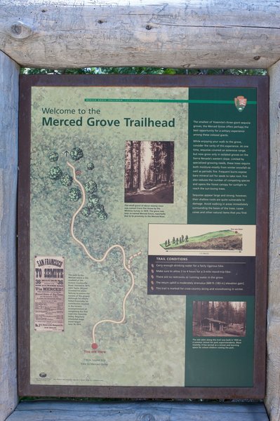 Information for the Merced Grove Trailhead. You get an idea of what the trail is like and where the trees are.