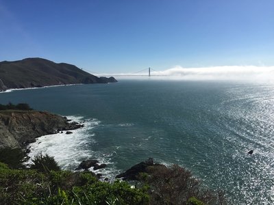 Fog burning off reveals hidden bridge, one of the highlights of the Point Bonita Trail.