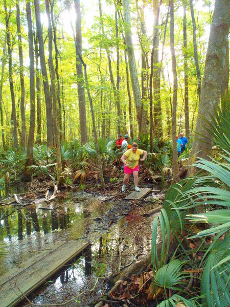 Runners crossing the wet section of the trail.