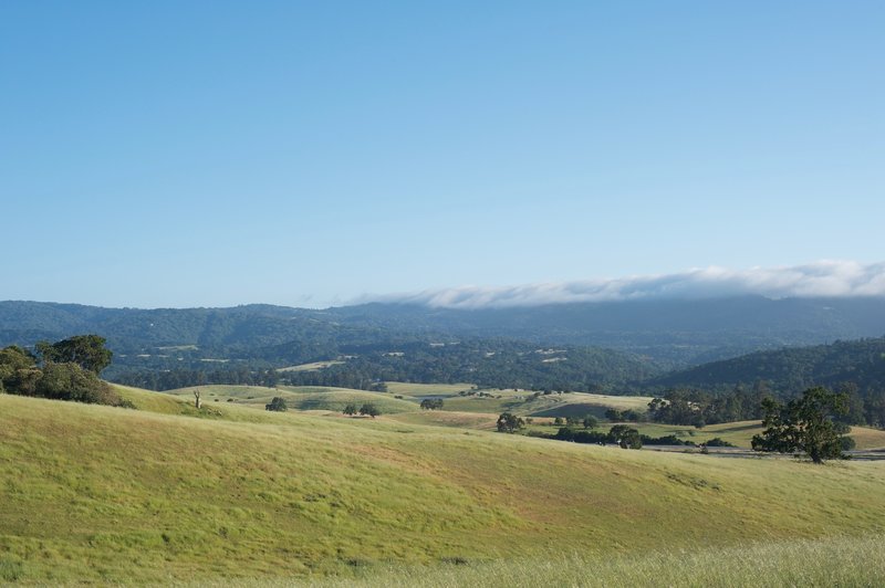 View from the trail of the surrounding hills as fog rolls in late in the day.