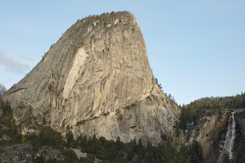 View of Liberty Cap and Nevada Falls in the winter time.  This section of the trail offers a great view of the opposite side of the Merced River.