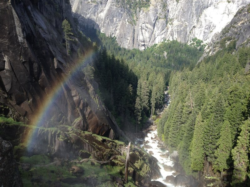 Looking over the edge at Vernal Falls, a rainbow appears above the Mist Trail.  It's a great hike in the spring as there's usually lots of water.  Make sure you bring appropriate rain gear and prepare to get wet.