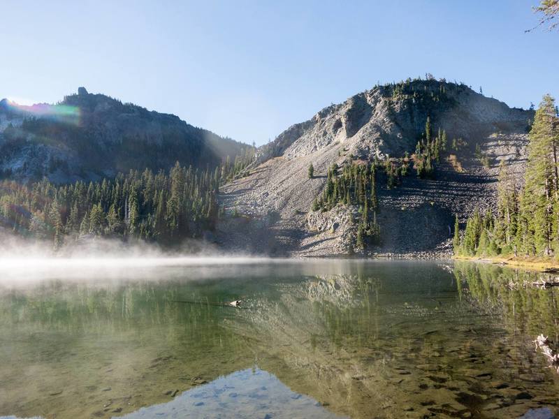 Sunrise on a crisp morning at Cliff Lake.  Devil's Peak(which the PCT goes right past) is seen in the upper left.