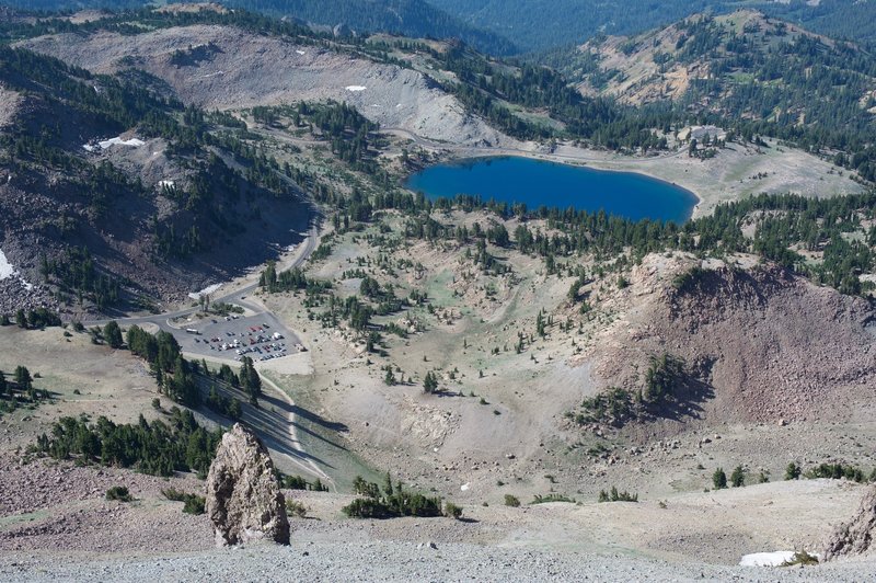 Looking down at the parking lot and Lake Helen as you climb up Lassen Peak.