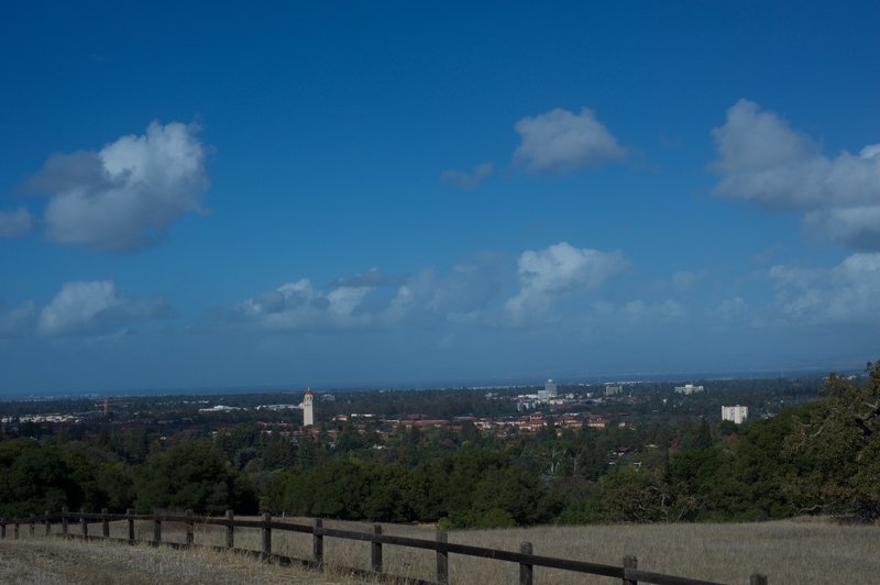 The Stanford Campus and Hoover Tower spread out on the lefthand side of the trail. The 285 foot tower was completed in 1941.