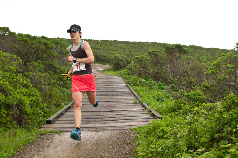 Crossing the bridge at the intersection of Old Springs and Miwok during the Marin Ultra Challenge 25k.