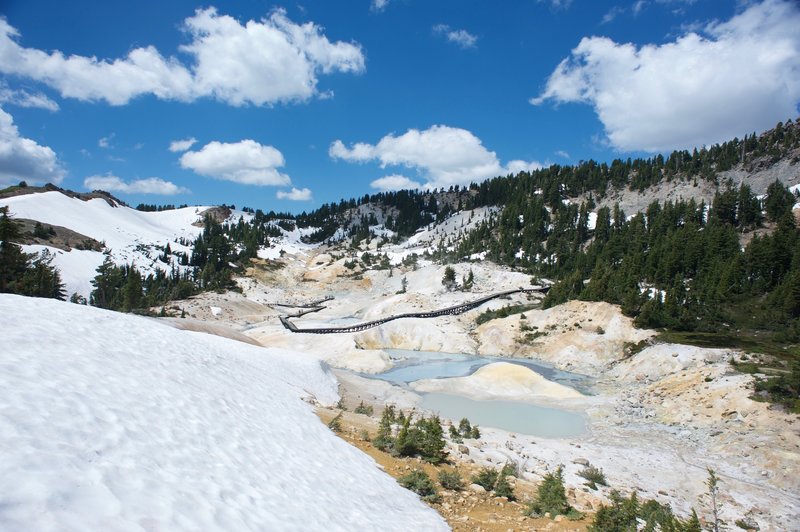 Looking back into Bumpass Hell from the trail.