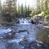 Scout Pool, a naturally heated swimming hole at the base of a small falls.