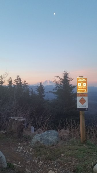 The moon over Rainier from the top of East Tiger Summit Trail.